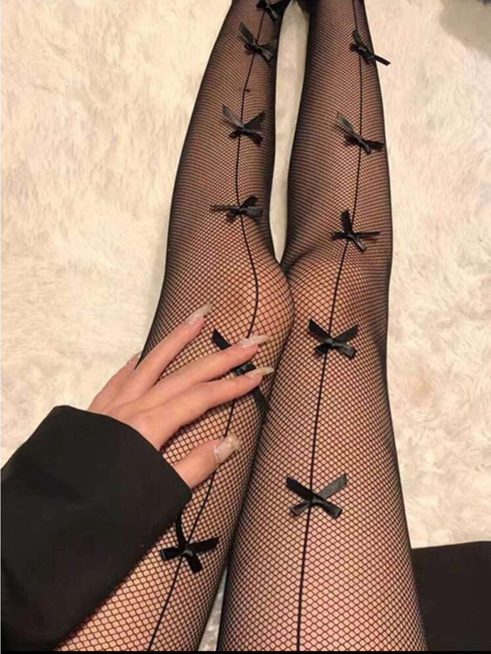 Black Fishnet Bow-Accent Tights - Women Accessories